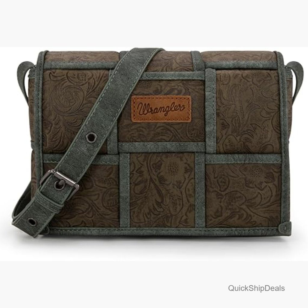 Faux Leather Floral Tooled Crossbody Bag With Adjustable Strap